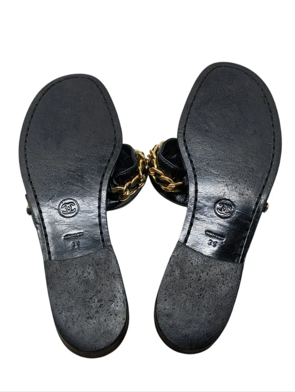 Chanel Black Leather Gold Turnlock Interlocking CC Chain Sandal Size EU 39